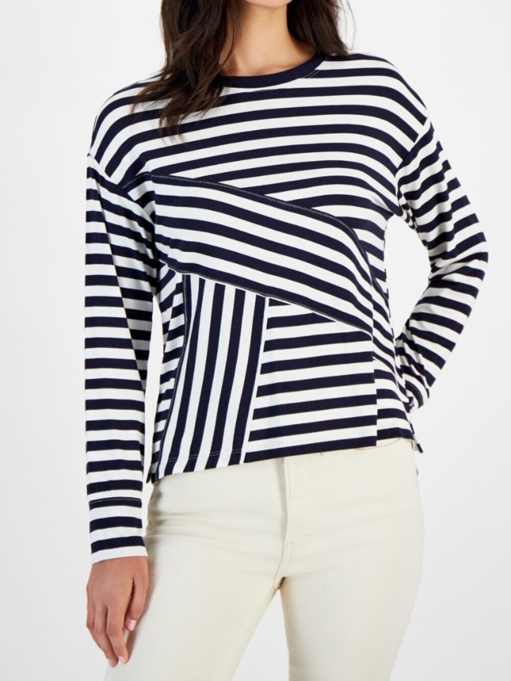 Nautica Women's Size XL Pieced Striped Long Sleeve Navy White Top NEW